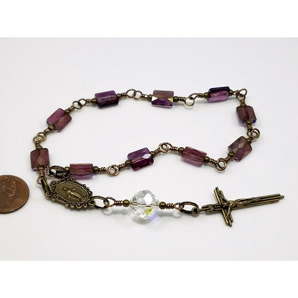 Miraculous Medal One Decade Rosary, Holy Rosary, Swarovski Purple Beads - Picture 3 of 10